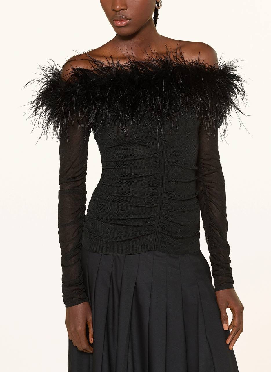 SP Feather-trim Off-shoulder Top in Knit