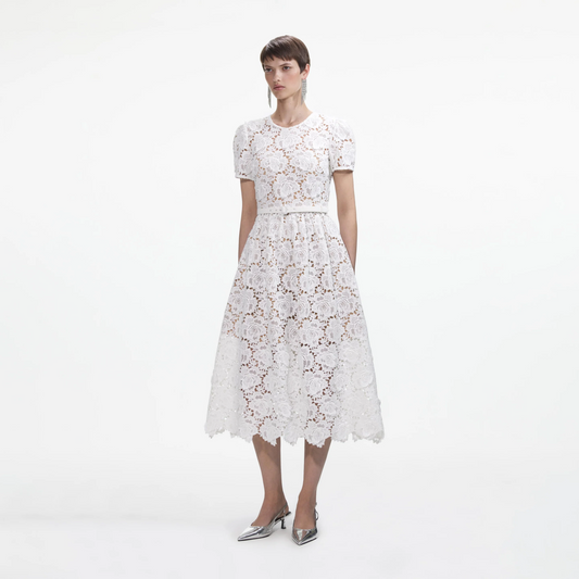 SP White Floral Belted Midi Dress