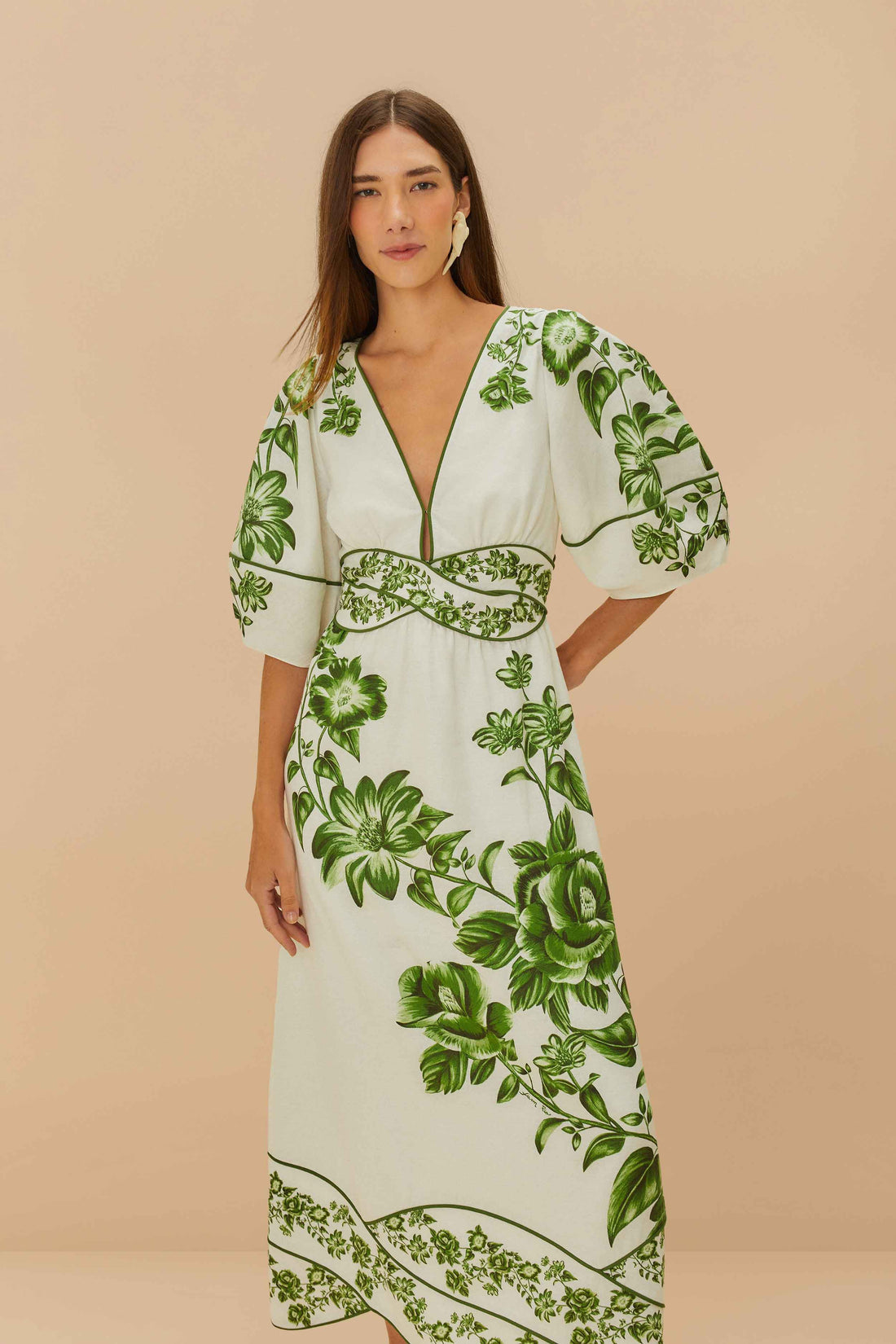 FR Green Floral Cascade Blue Yard Linen-Viscose Midi Dress