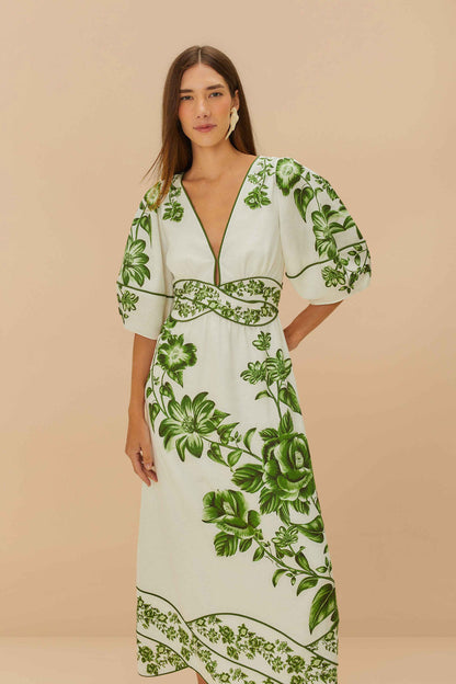 FR Green Floral Cascade Blue Yard Linen-Viscose Midi Dress