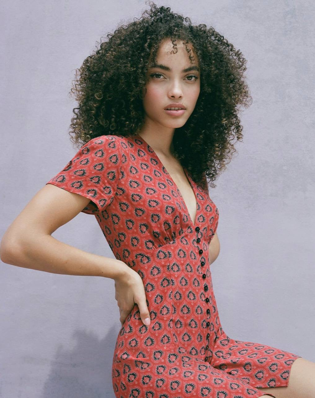 RP Cecile Silk V-neck Mini Dress in Lucky Fortune Red