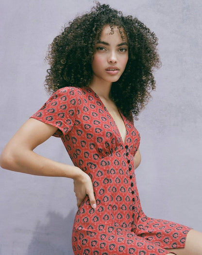 RP Cecile Silk V-neck Mini Dress in Lucky Fortune Red