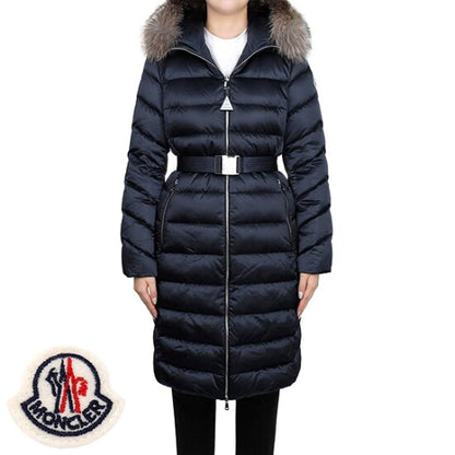 MC Leersie Hooded Shearling-Trimmed Long Down Jacket Coat in Navy Blue