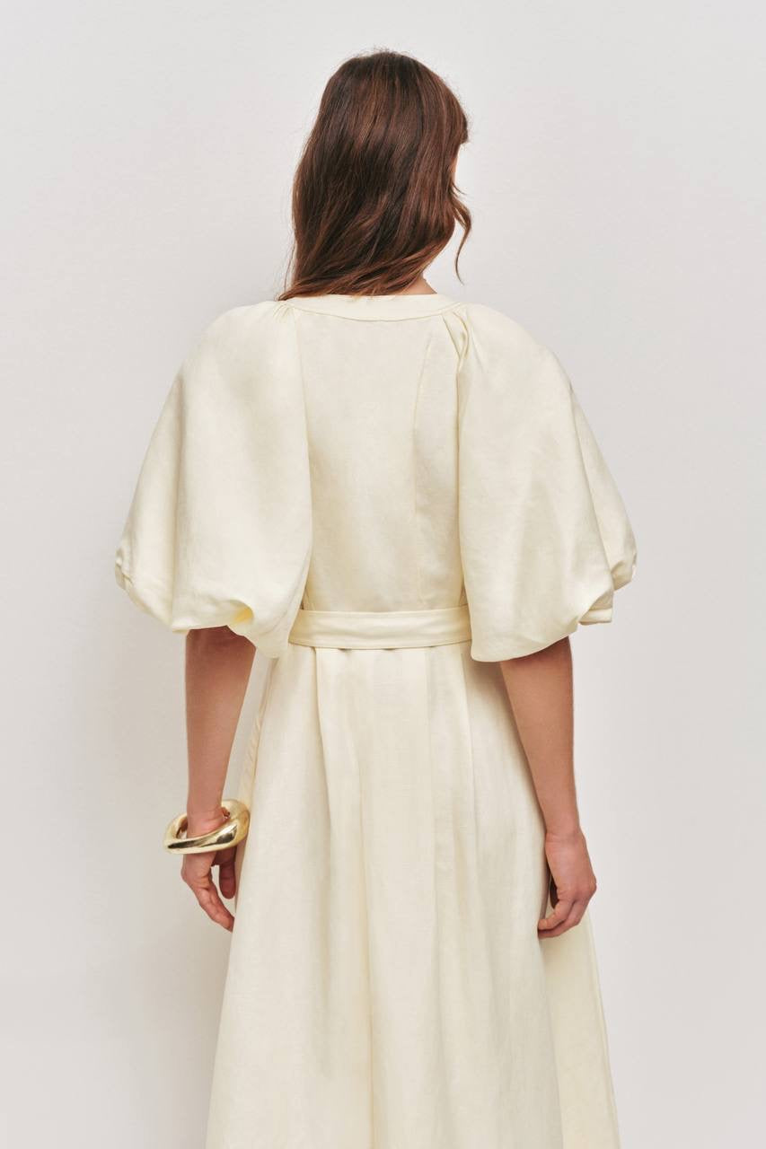 AJ Portrait Puff Sleeve Linen-blend Midi Dress