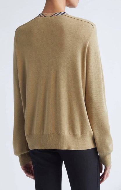 Check-trim Collar Wool Crewneck Cardigan
