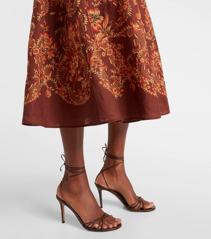 ALM Seraphina Printed Puff Sleeve Linen Midi Dress