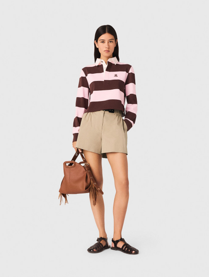 MJ Tipolay Pink/Brown Striped Polo Cotton Cropped Sweatshirt Top | Ipiuma Belted Cotton-blend Camel Shorts | Set