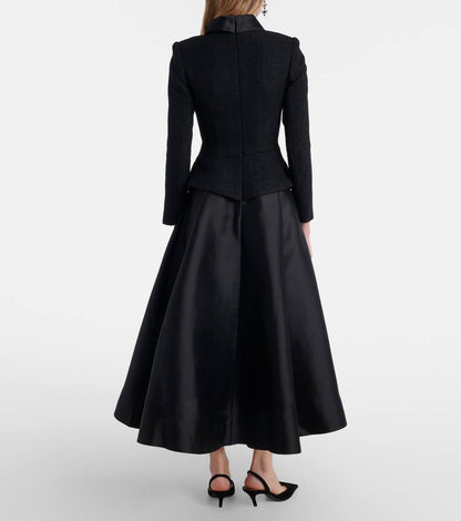 SP Black Boucle Taffeta Long Sleeved Midi Dress
