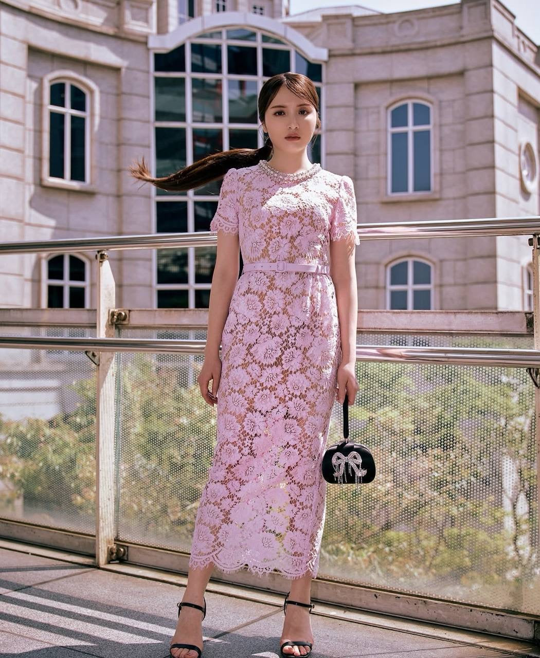 SP Pink Fine Lace Pearl Embellished Midi Dress