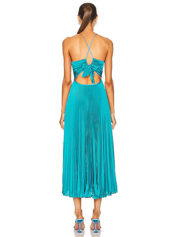 Gemini Pleated Tie-Back Cutout Midi Dress