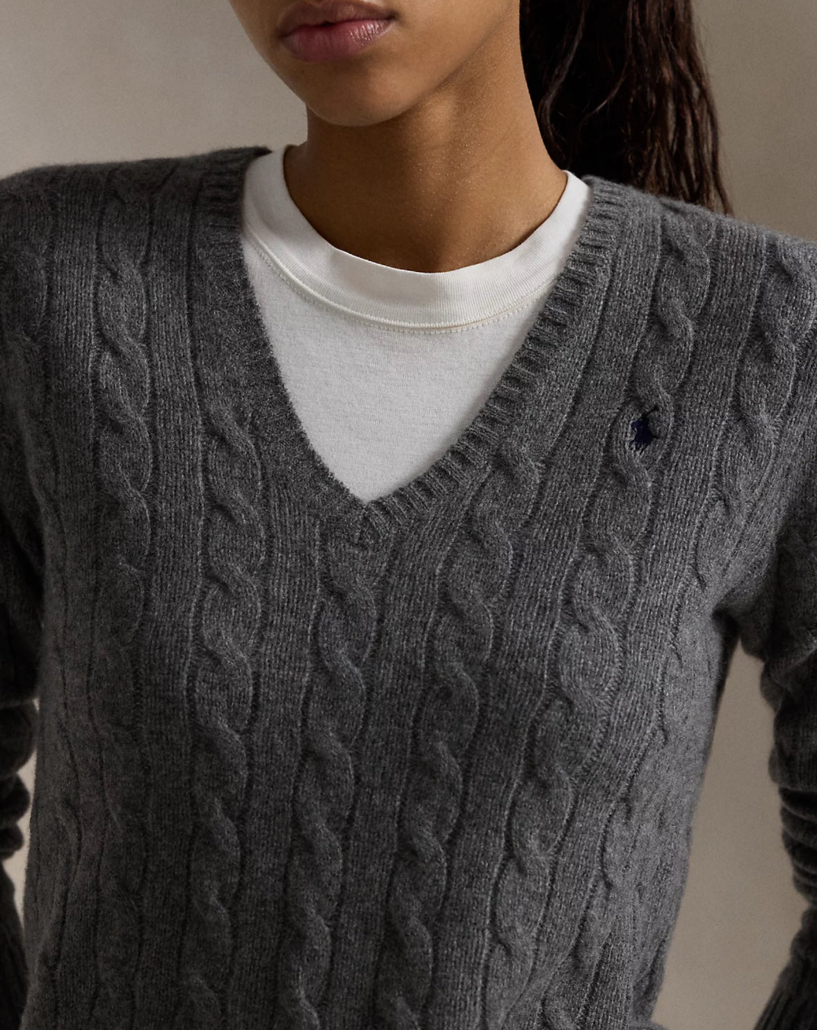 RL Cable Knit Wool Cashmere V Neck Jumper