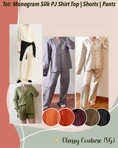 9 Colors! (PART 2/2) Tot Monogram Silk PJ Shirt Top | Shorts | Pants | Embroidered Set