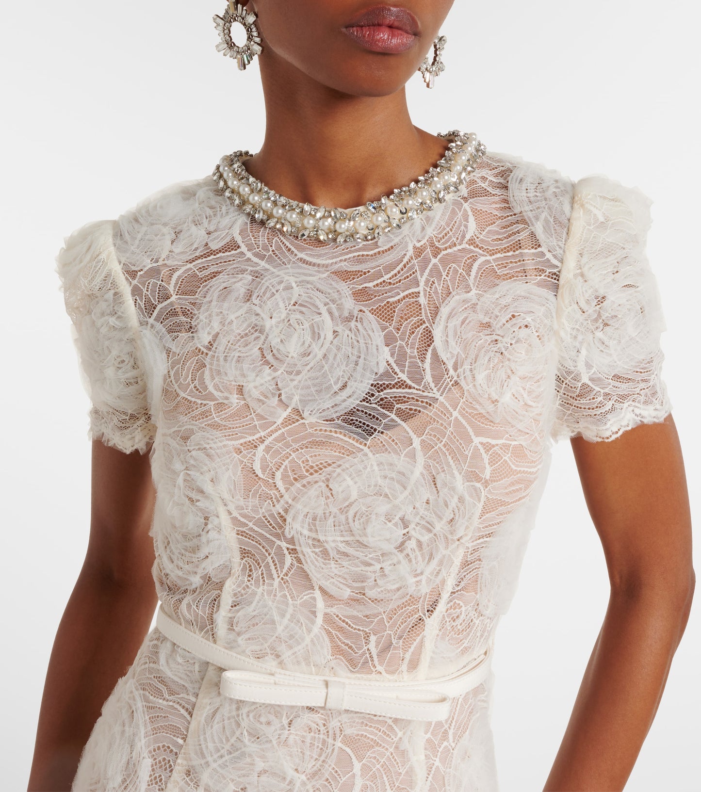 SP Cream Tulle Floral Lace Midi Dress