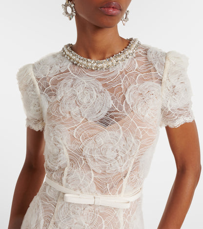 SP Cream Tulle Floral Lace Midi Dress