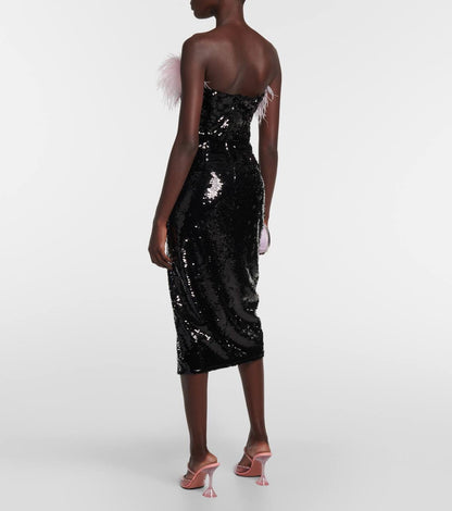 SP Pink Feather Trimmed Black Sequinned Midi Dress