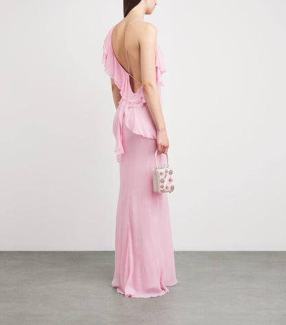 SP Pink Georgette Ruffled One-Shoulder Maxi Dress