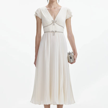 SP Cream Chiffon Pleated Midi Dress with Diamante Bow Ribbon