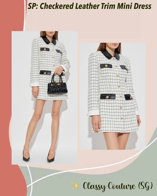 SP Check Boucle Leather Trim Long Sleeve Mini Dress