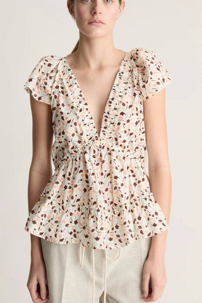 LM Holly Cotton-silk Short Sleeve Peplum Blouse Top
