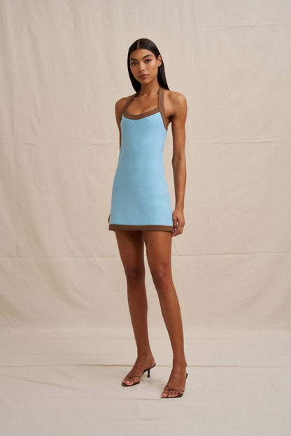 BJ Colette Halter Contrast Mini Dress in Brown/Blue