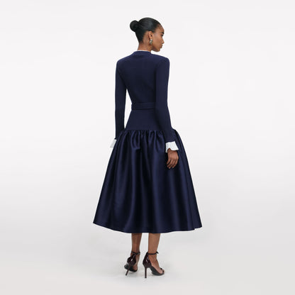 SP Navy Knit Belted Taffeta Midi Dress