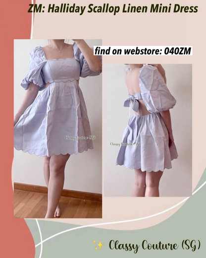 040ZM Purple Floral Linen Scallop Cutout Mini Dress