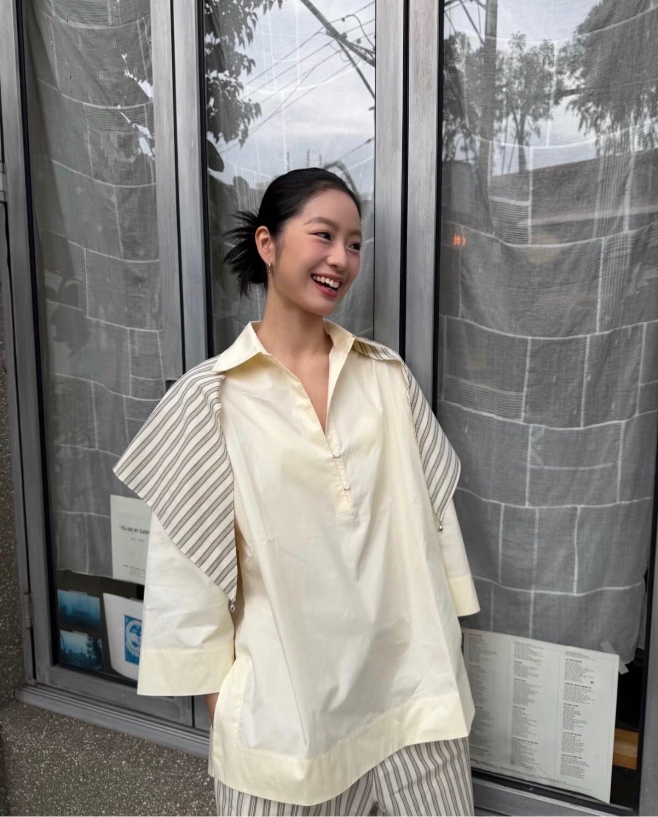 EDI Butter Yellow Stretch-Cotton Shirt w Cotton-silk Scarf