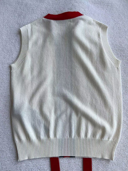 GC Web Stripe Tie-neck Cashmere Sleeveless Pullover Top in Cream