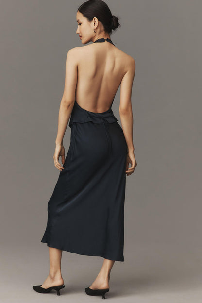 RX Estella Halter Backless Silk Midi Dress in Navy Blue