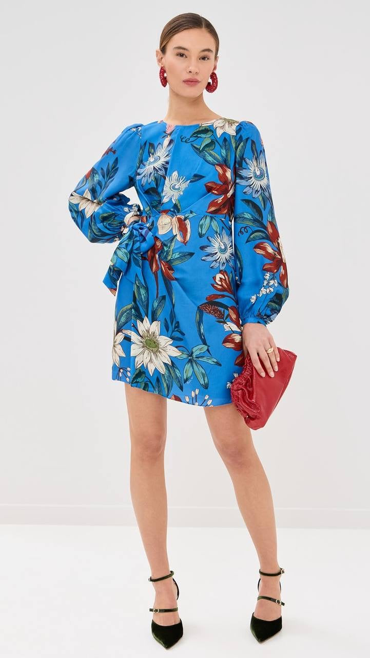 FR Blue Surreal Flowers Viscose Wrap Mini Dress