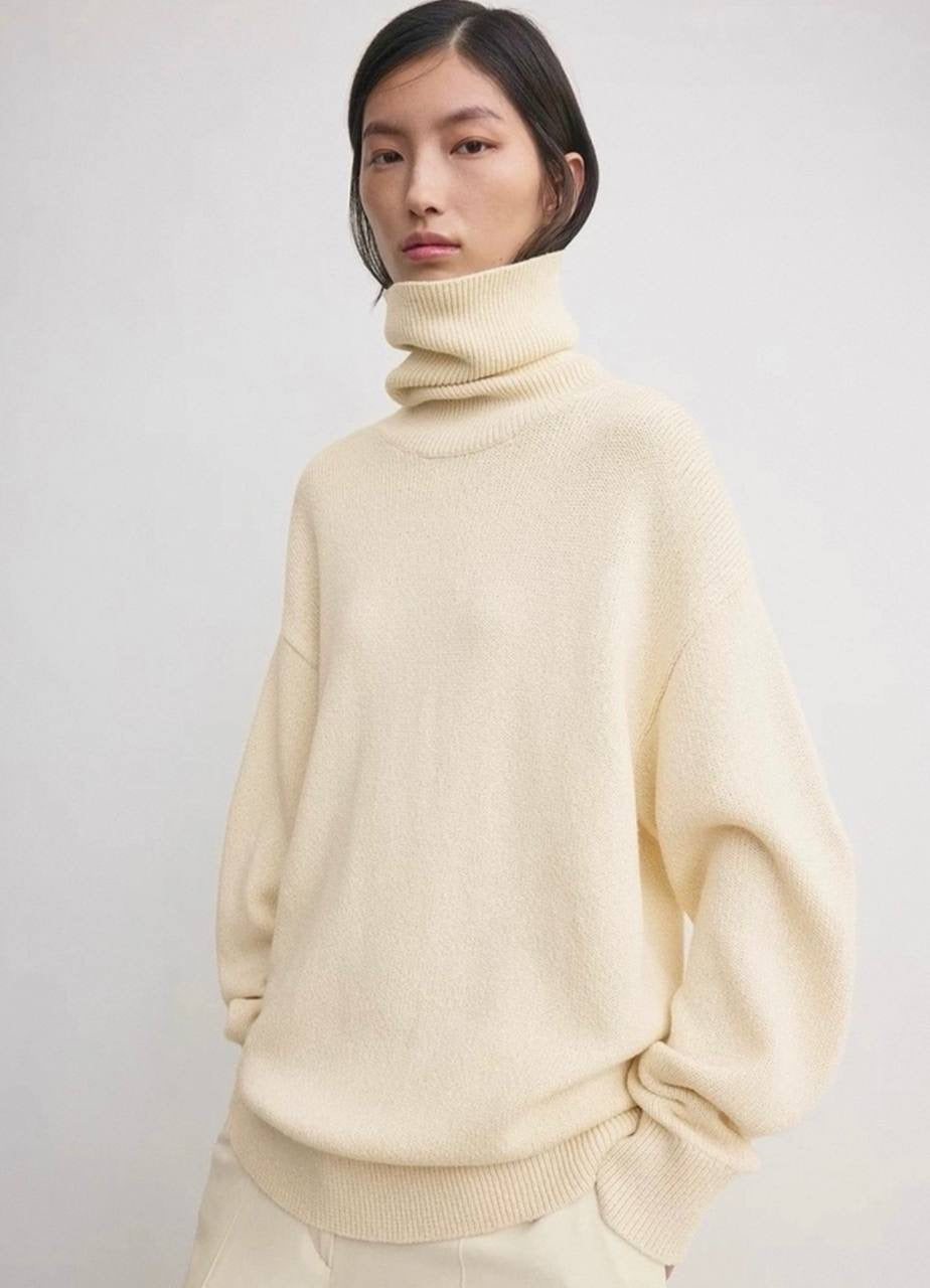 TOT Longline Turtleneck Sweater in Cotton-Cashmere Ecru | Cotton-Wool Grey