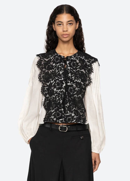 SE Norabelle Ramie Long Sleeve Top with Cotton Lace Overlay