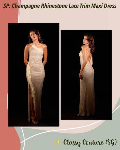 SP Champagne Rhinestone Lace Trim Halter Backless Maxi Dress