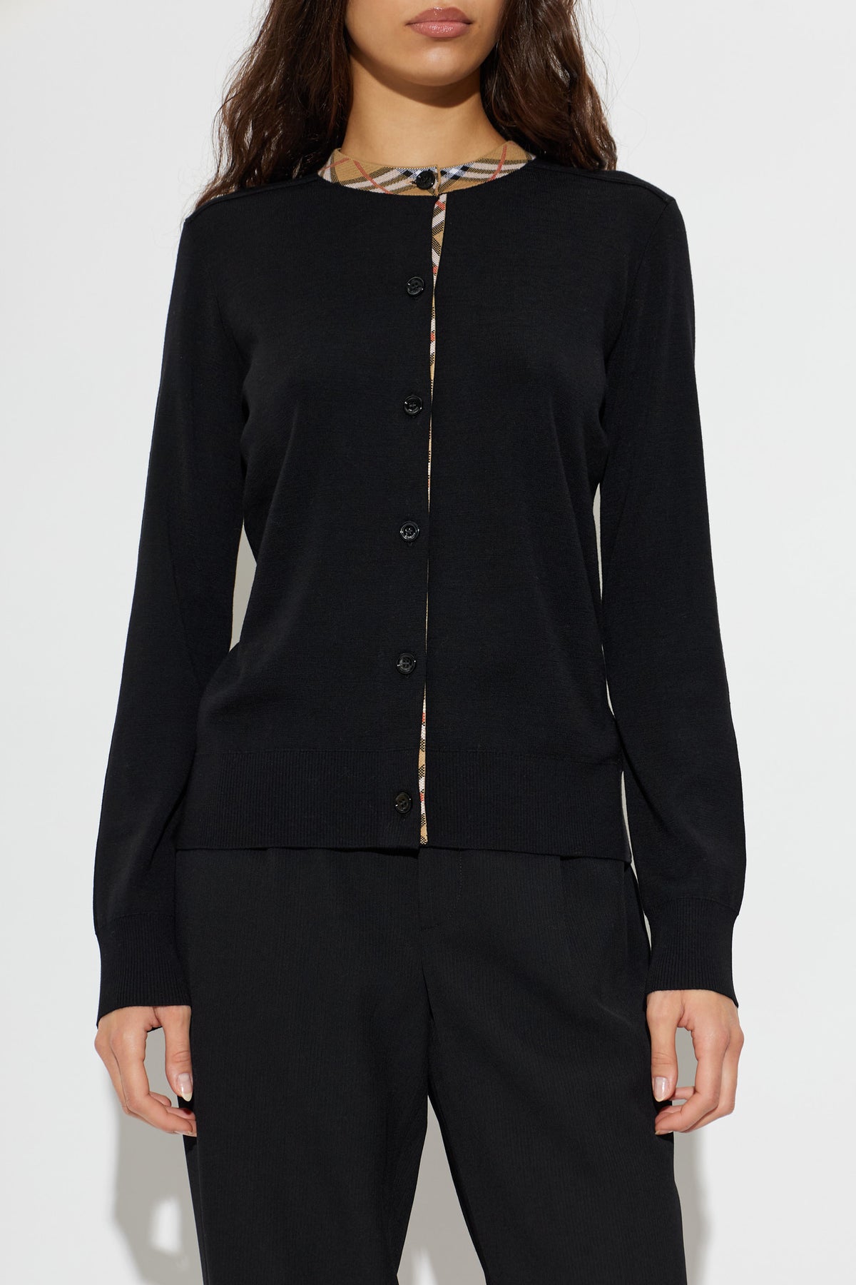 Check-trim Collar Wool Crewneck Cardigan