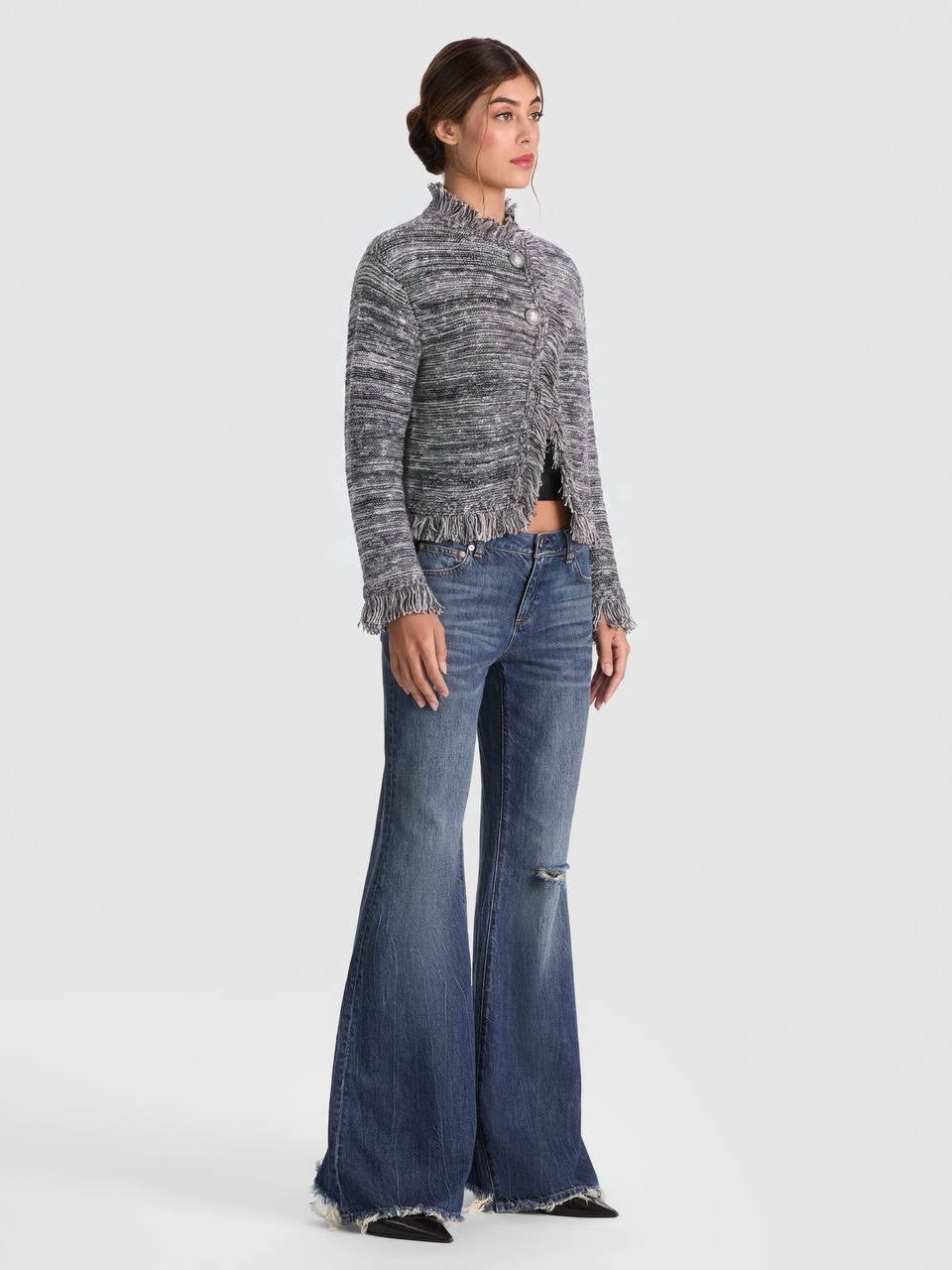 Grey Janet Fringe Wool-cotton Boucle-tweed effect Jacket