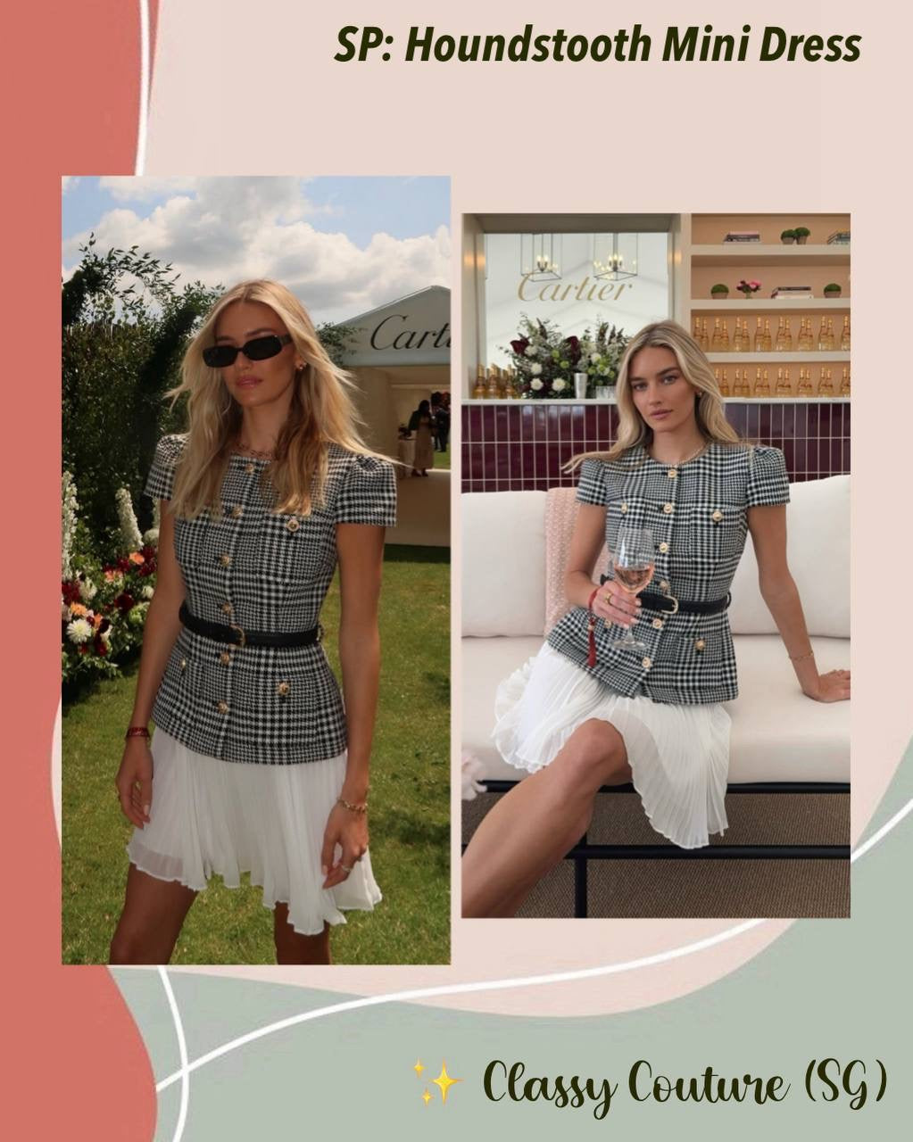 SP Grey Houndstooth Pleated Belted Short Sleeve Mini Dress | Tailored Midi Dress