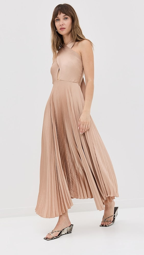 ALC Athena II Satin Pleated Halter Midi Dress in Bella Bronze Pink ALC Athena II Satin Pleated Halter Midi Dress in Bella Bronze Pink