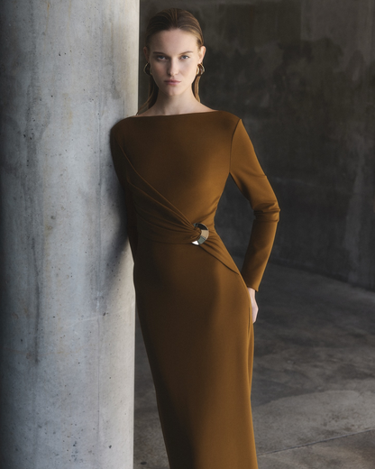 RM Khaki Jersey Twist Drape Metal Trim Stretch-Viscose Midi Dress