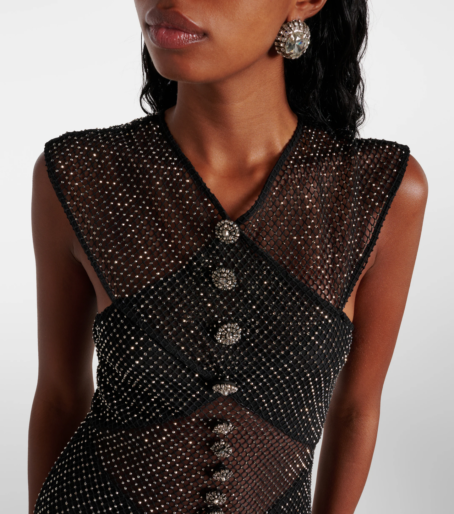 SP Black Rhinestone Fishnet Crossover Midi Dress