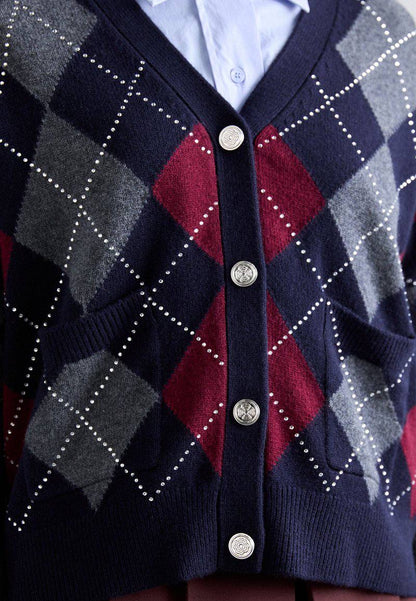 MJ Argyle Cropped Embellished Wool Cardigan