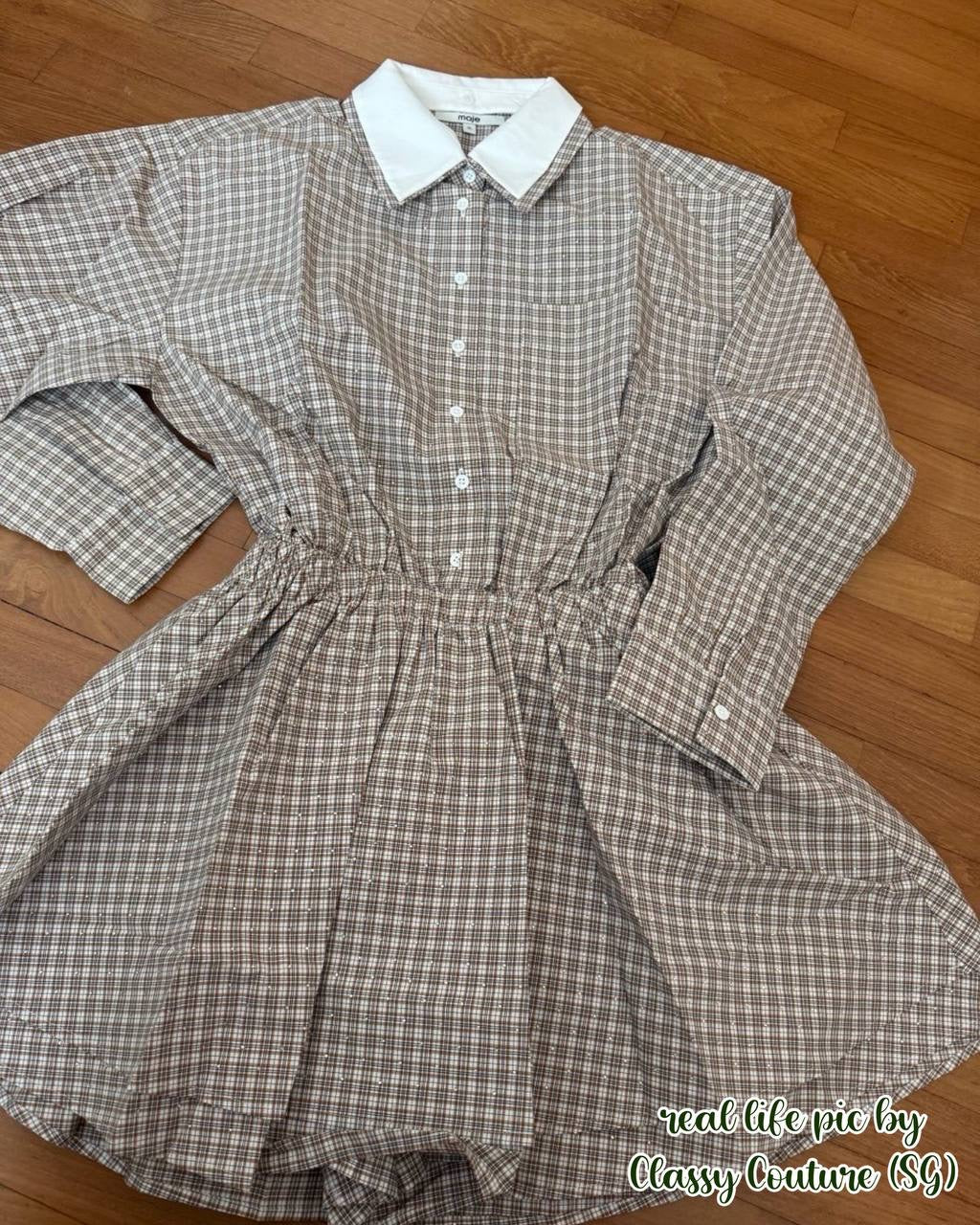 2 Colors! MJ Ritilona Rhinestone Checked Cotton Mini Dress Shirtdress Romper Playsuit (removable contrast collar)