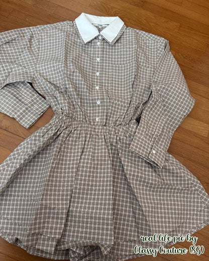 2 Colors! MJ Ritilona Rhinestone Checked Cotton Mini Dress Shirtdress Romper Playsuit (removable contrast collar)