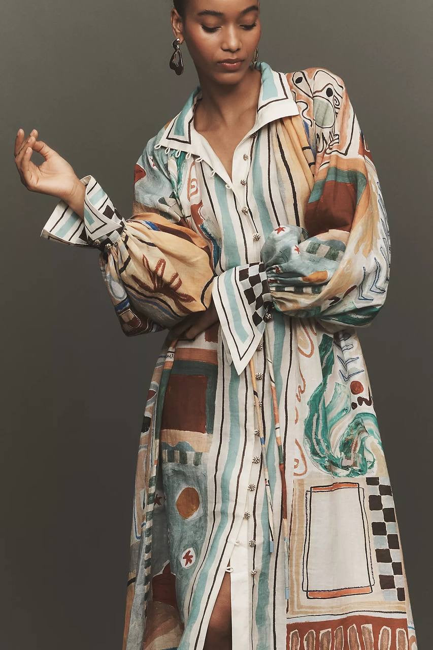 ALM Michelle Long-Sleeve Linen Shirtdress Midi Dress