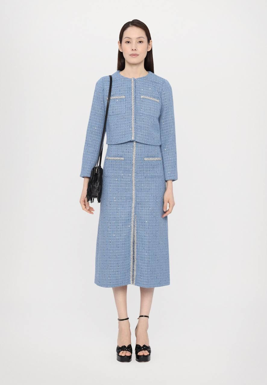MJ Vilya Blue Cropped Embellished Tweed Jacket Blazer