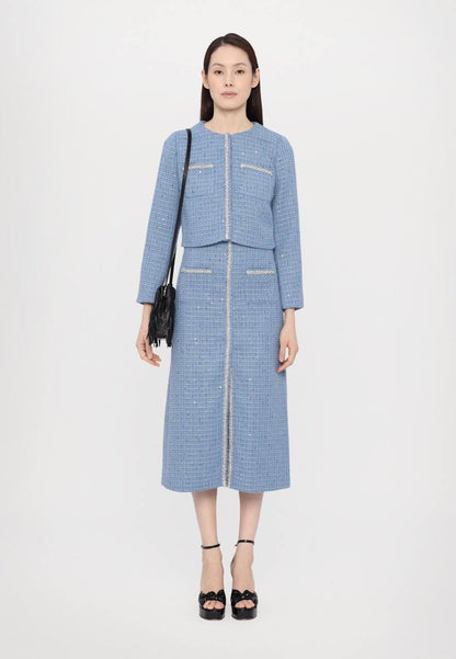MJ Vilya Blue Cropped Embellished Tweed Jacket Blazer
