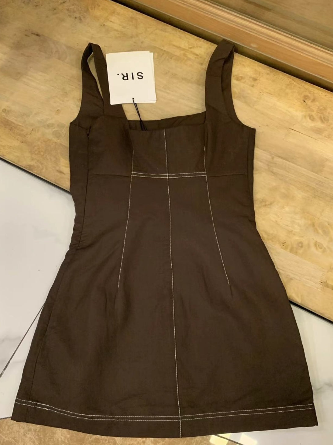 STL Structured Square Neck Mini Dress in Chocolate Brown Linen-Viscose