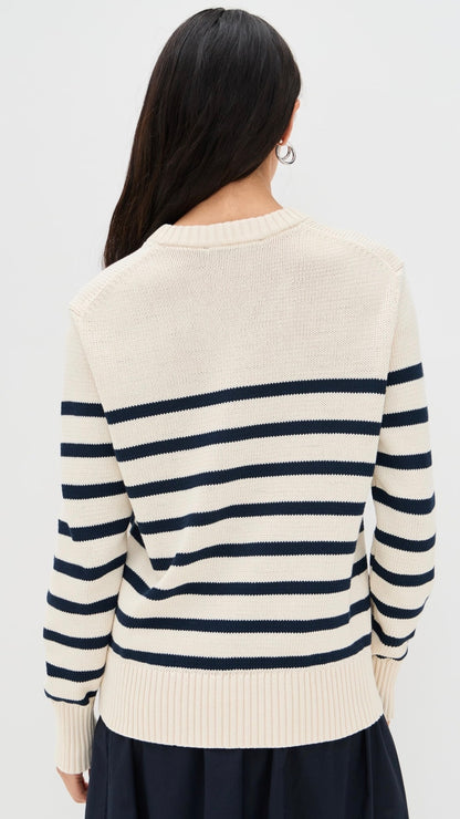 JK Cotton Kate V-Neck Pullover Sweater in Ivory/Navy Stripe