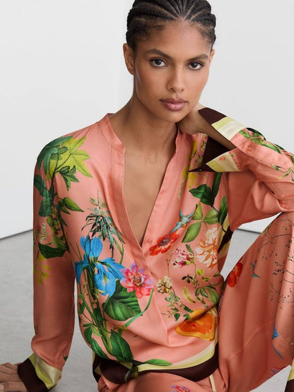 PETITE/REGULAR! RS Pink Milos Tropical Scarf-Print Half-button Shirt | Wide-leg Trousers | Drawstring Shorts | Viscose Set