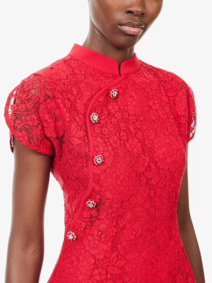 SP Red Lace Cap-Sleeve Cotton-Blend Cheongsam Qipao Mini Dress