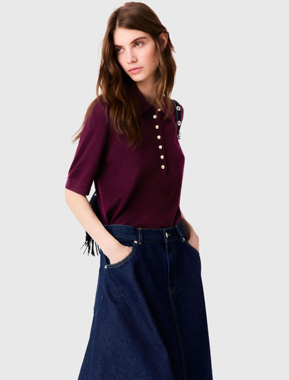 Malila Polo Collar Jumper Top | Cardigan with Embroidered Logo | Wool Burgundy Purple-red Set